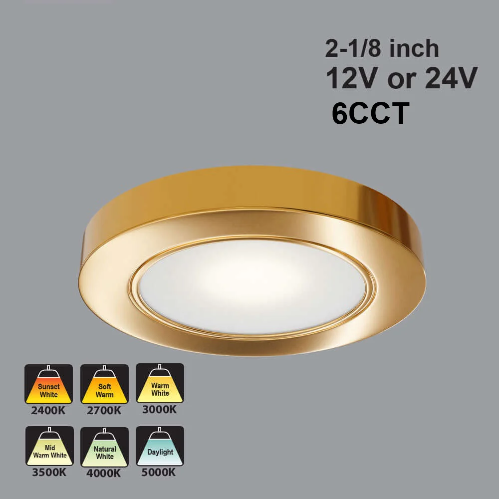 2R25-1224V-6CCT-Gold Round Cabinet Light 12-24V 2.7W selectable 6CCT