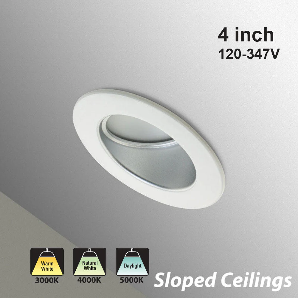 4 inch Dimmable Commercial Recessed LED Downlight / Ceiling Light with Sloped Ceiling Reflector Round Trim, 120-347V 20W