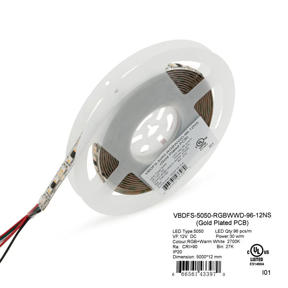 5M(16.4ft) Indoor LED Strip 5050, 12V 9(w/ft) 96(LEDs/m) Addressable(TM1814) RGBW Gold PCB - Image 6