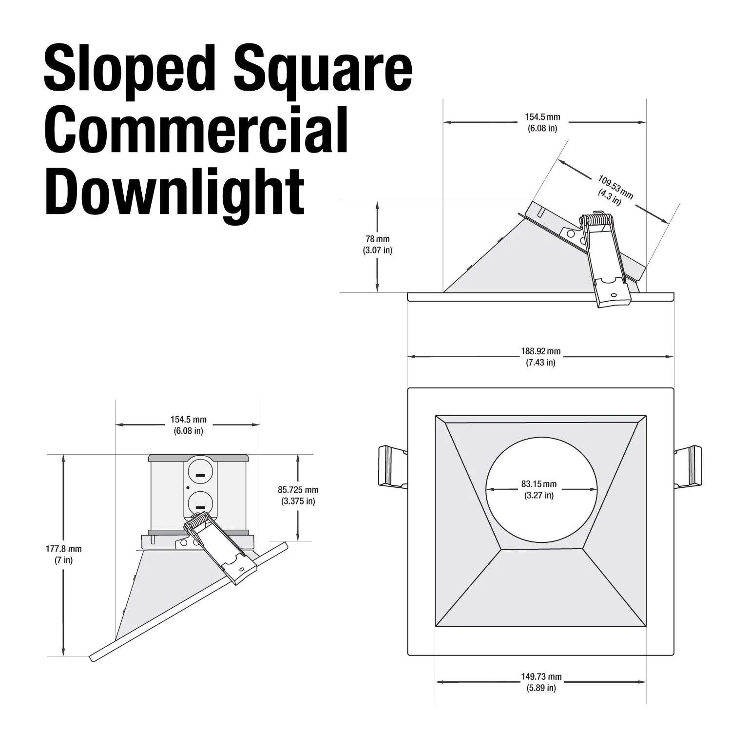 6 inch Dimmable Commercial Recessed LED Downlight / Ceiling Light with Sloped Ceiling Reflector Square Trim, 120-347V 20W - Image 2