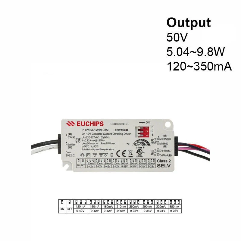 Selectable Constant Current 10W LED Driver 0-10V Dim PUP10A-1WMC-350 , 120VAC-277VAC 120 to 350mA