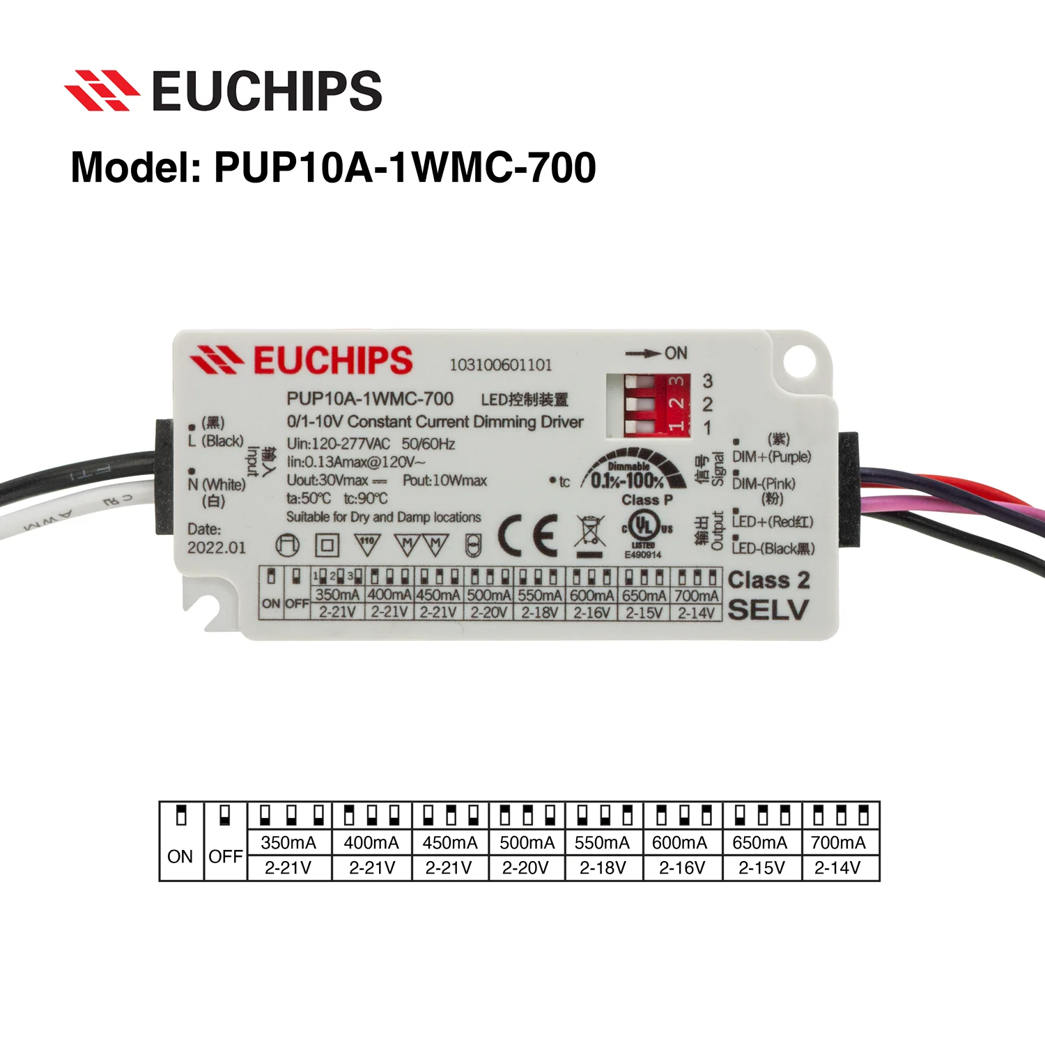 PUP10A-1WMC-700 Constant Current Driver with Selectable Current, 120VAC-277VAC 350 to 700mA - Image 3