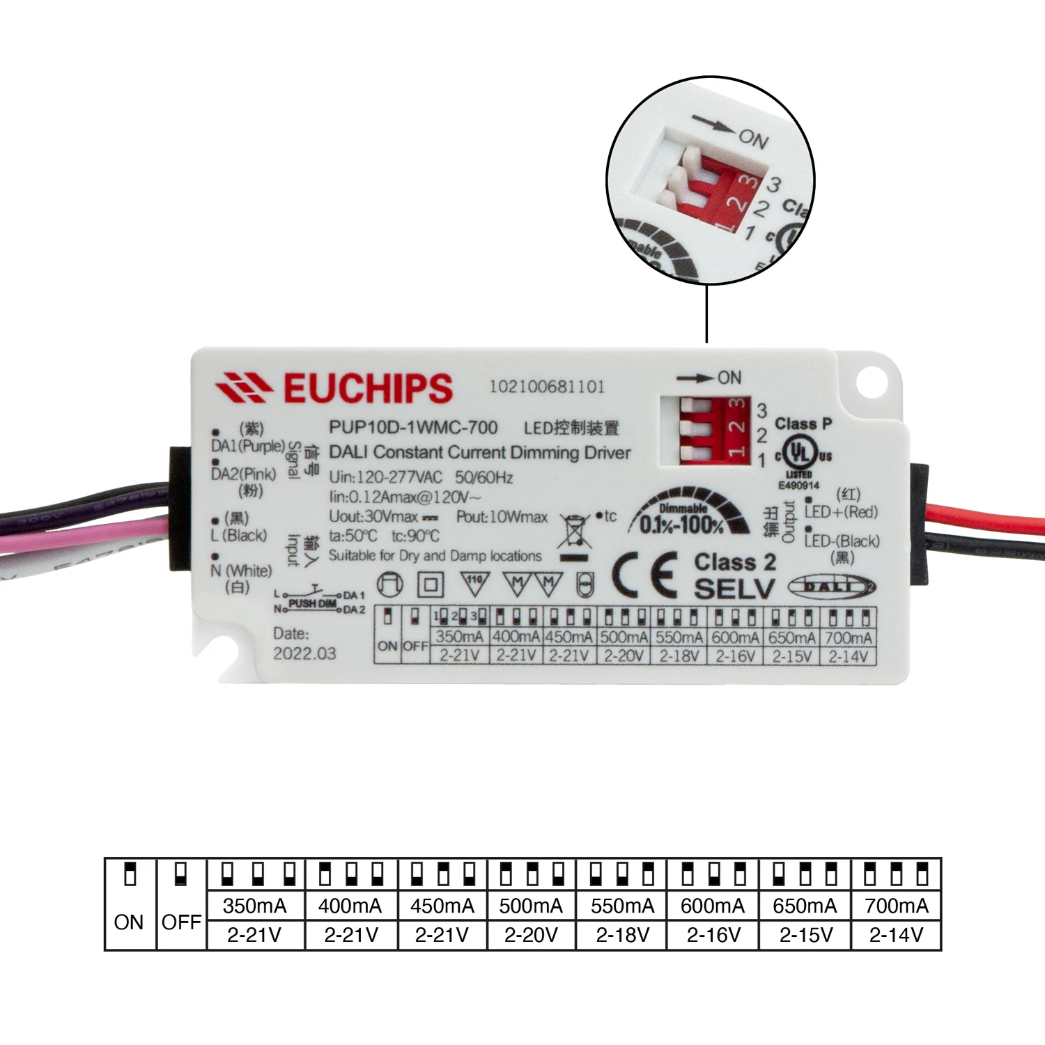 PUP10D-1WMC-700  Constant Current Driver with Selectable Current, 100VAC-240VAC 350 to 700mA - Image 3
