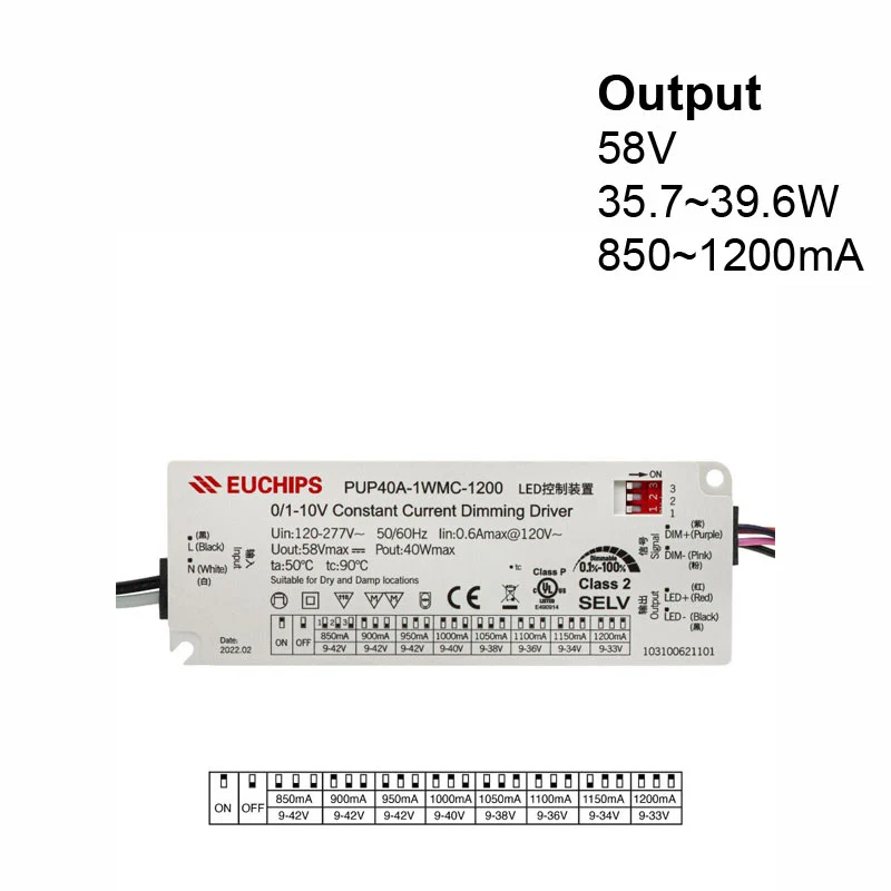 PUP40A-1WMC-1200 Constant Current Driver with Selectable Current, 120VAC-277VAC 850 to 1200mA