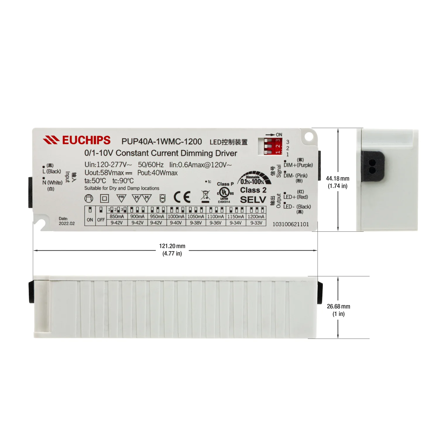 PUP40A-1WMC-1200 Constant Current Driver with Selectable Current, 120VAC-277VAC 850 to 1200mA - Image 2