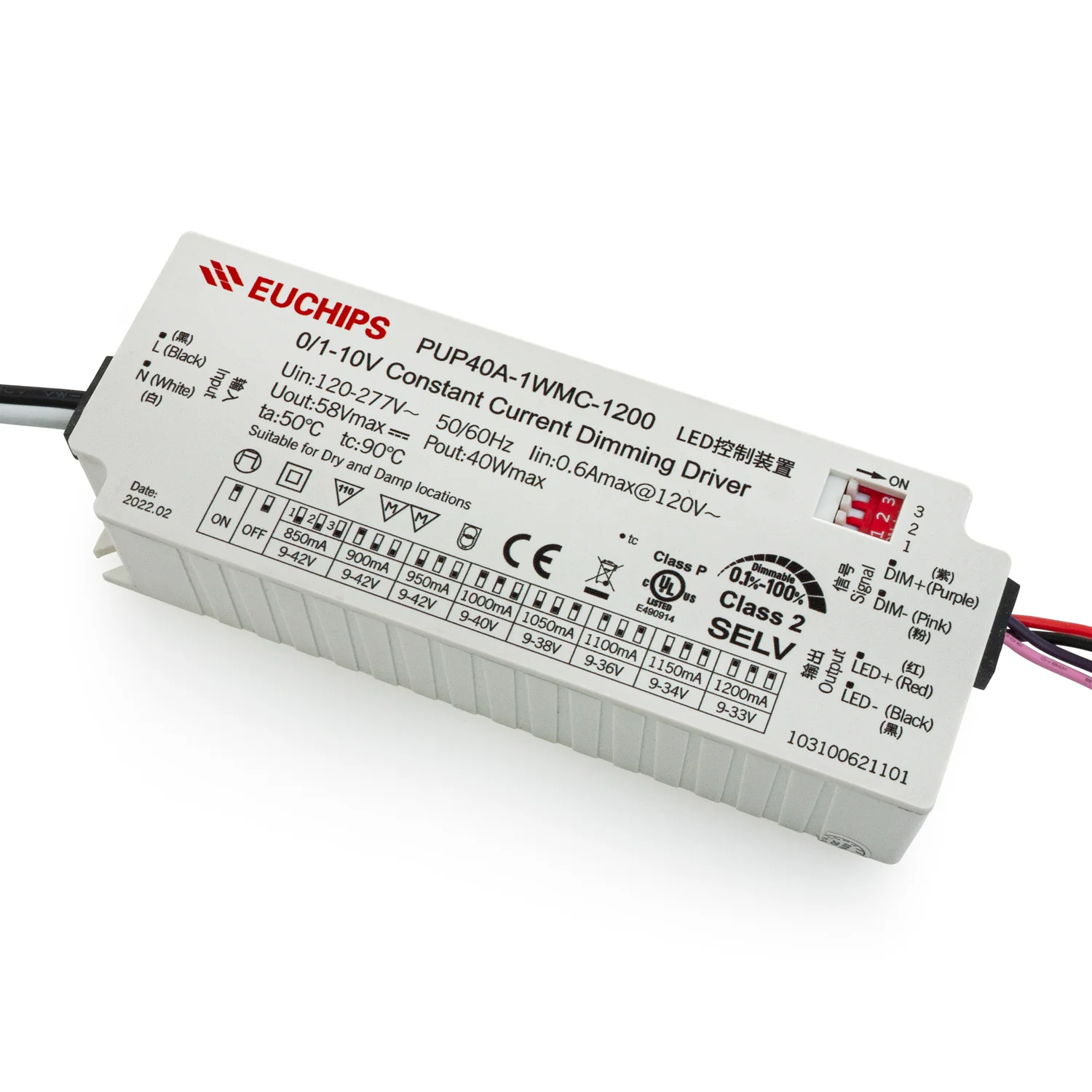PUP40A-1WMC-1200 Constant Current Driver with Selectable Current, 120VAC-277VAC 850 to 1200mA - Image 4