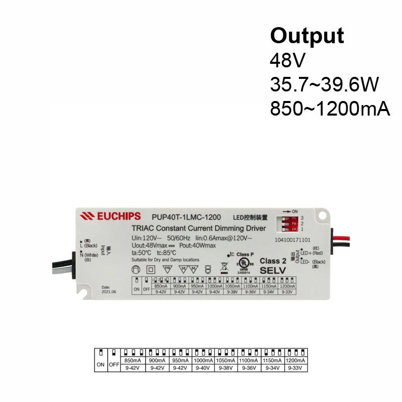 Selectable Constant Current 40W LED Driver Triac Dim PUP40T-1LMC-1200 , 120VAC 850 to 1200mA
