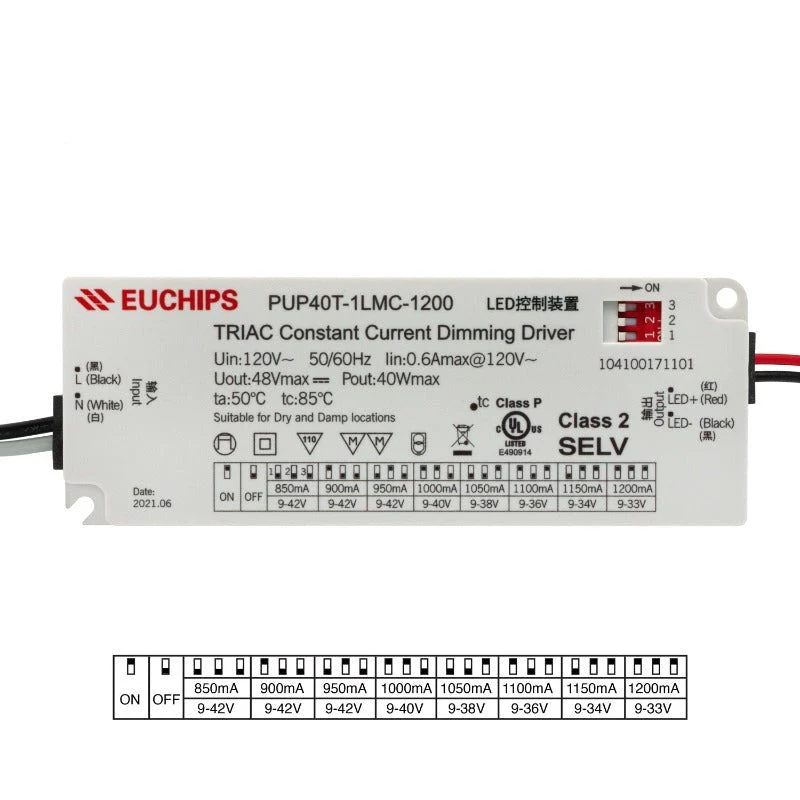 Selectable Constant Current 40W LED Driver Triac Dim PUP40T-1LMC-1200 , 120VAC 850 to 1200mA - Image 3