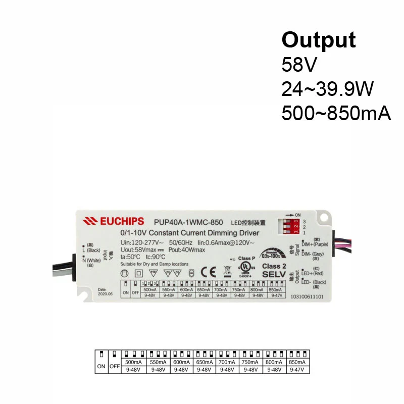 PUP40A-1WMC-850 Constant Current Driver with Selectable Current, 120-277VAC 500 to 850mA