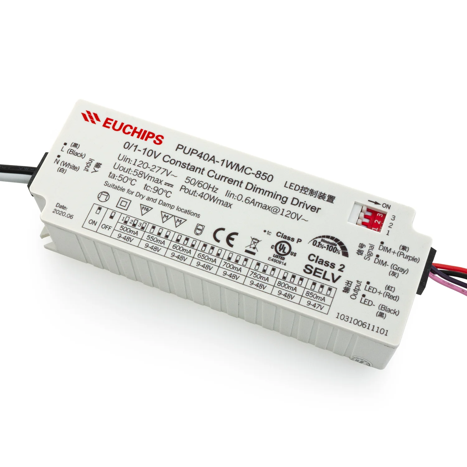PUP40A-1WMC-850 Constant Current Driver with Selectable Current, 120-277VAC 500 to 850mA - Image 4