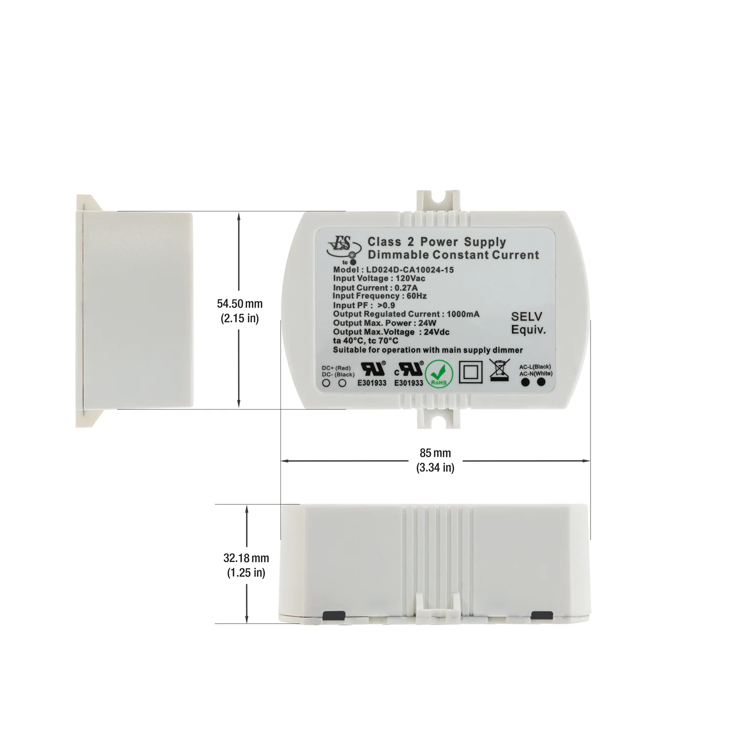 ES LD024D-CA10024-15 Constant Current LED Driver, 1000mA 24V 24W - Image 2