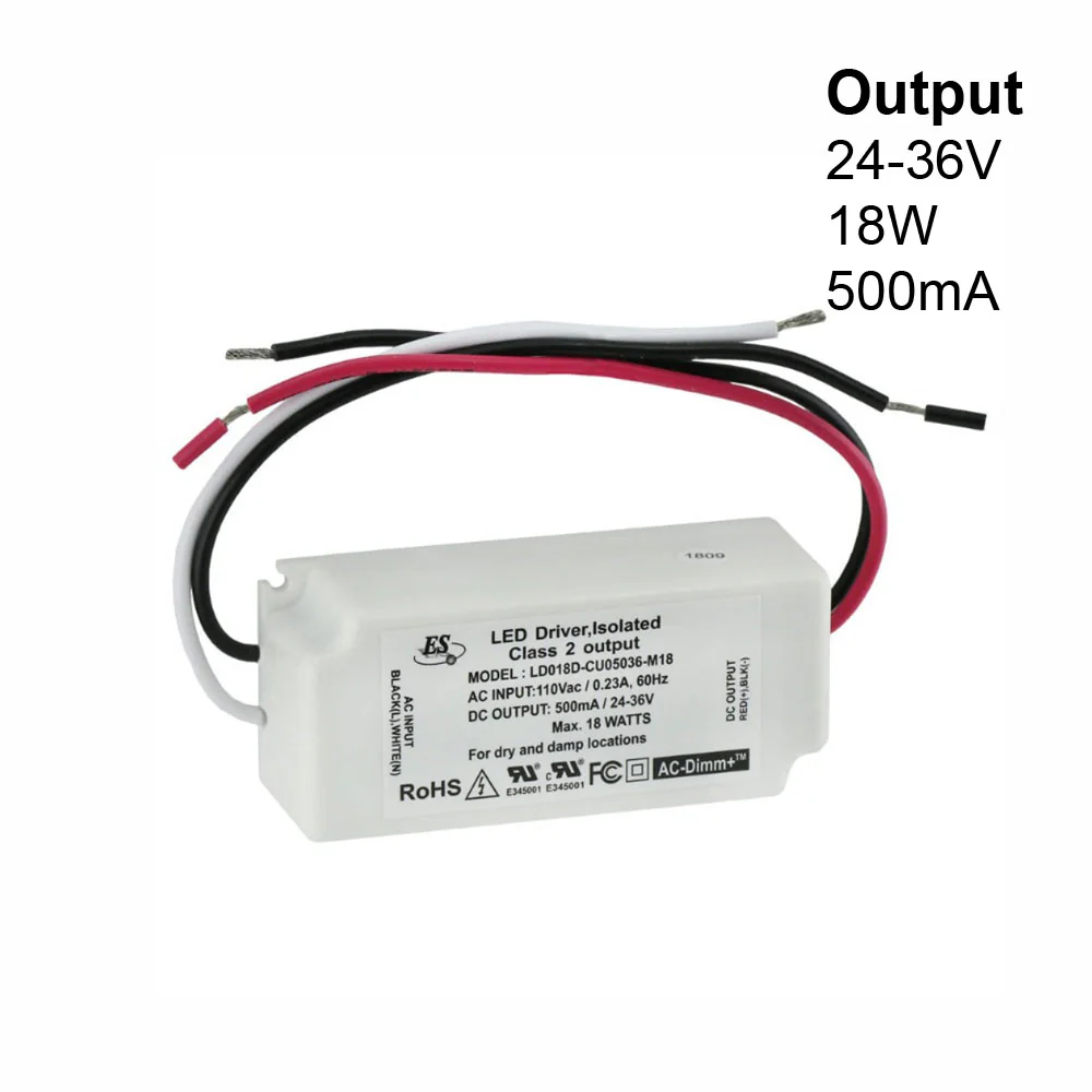 ES LD018D-CU05036-M18 Constant Current LED Driver, 500mA 24-36V 18W max