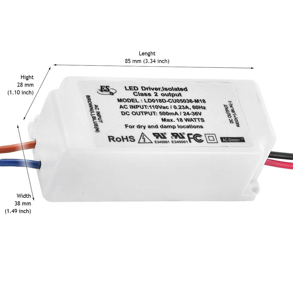 ES LD018D-CU05036-M18 Constant Current LED Driver, 500mA 24-36V 18W max - Image 2