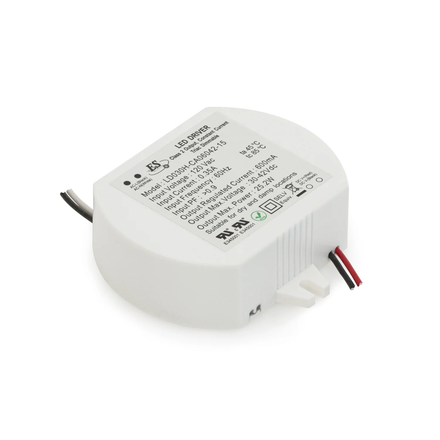 ES LD030H-CA06042-15 Non-Dimmable Constant Current LED Driver, 600mA 30-42V 25.2W - Image 3