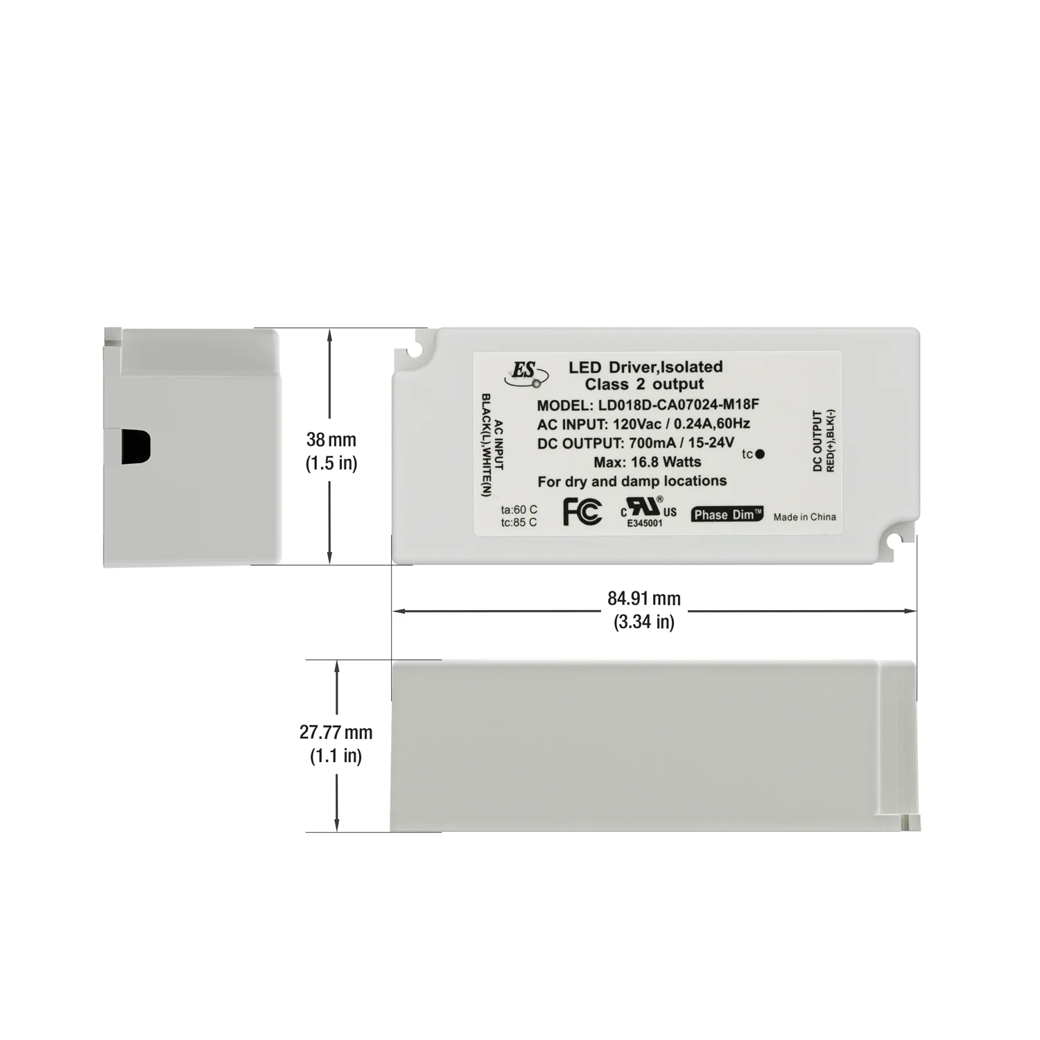 ES LD018D-CU07024-M18F Constant Current LED Driver, 700mA 15-24V 16.8W - Image 2