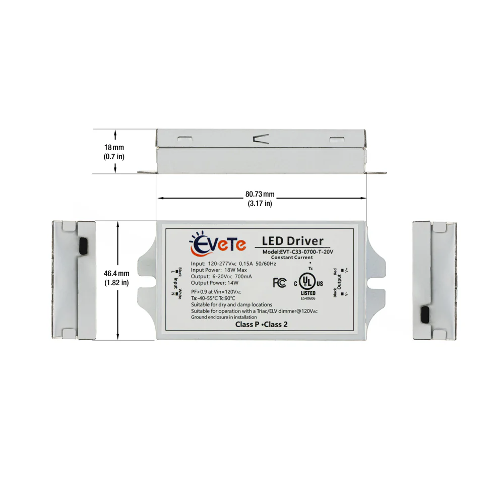 EVT-C33-0700-T-20V Constant Current Triac Dimming LED Driver, 700mA 6-20V 14W - Image 2