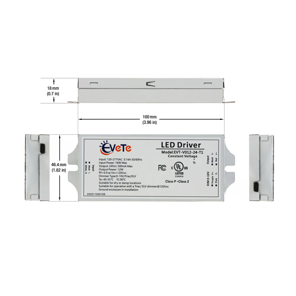 0-10V/Triac/ELV Dimmable Constant Voltage LED Driver 24V 500mA 12W, EVT-V012-24-T1 - Image 2