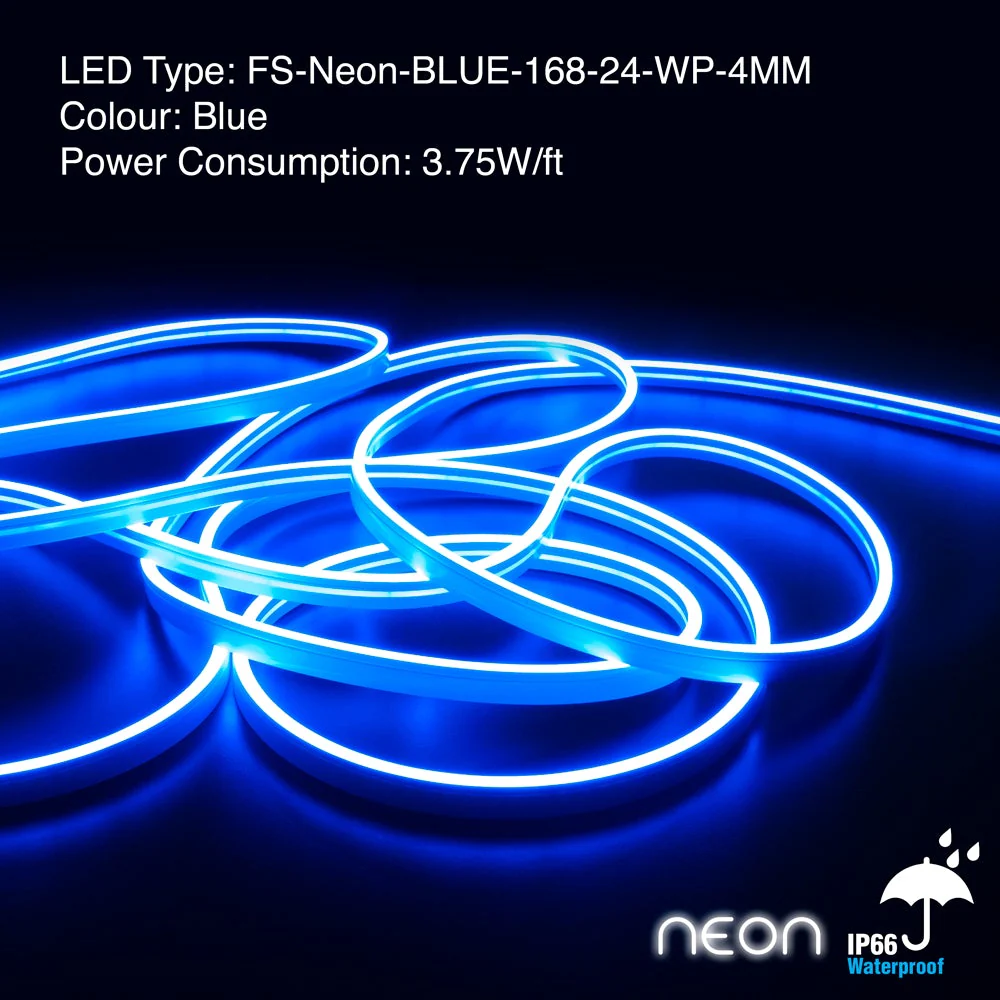 5M(16.4ft) LED Neon light Strip FS-Neon-BLUE-168-24-WP-4MM, Blue color Dimmable Silicone Waterproof Casing Side Emitting. - Image 4