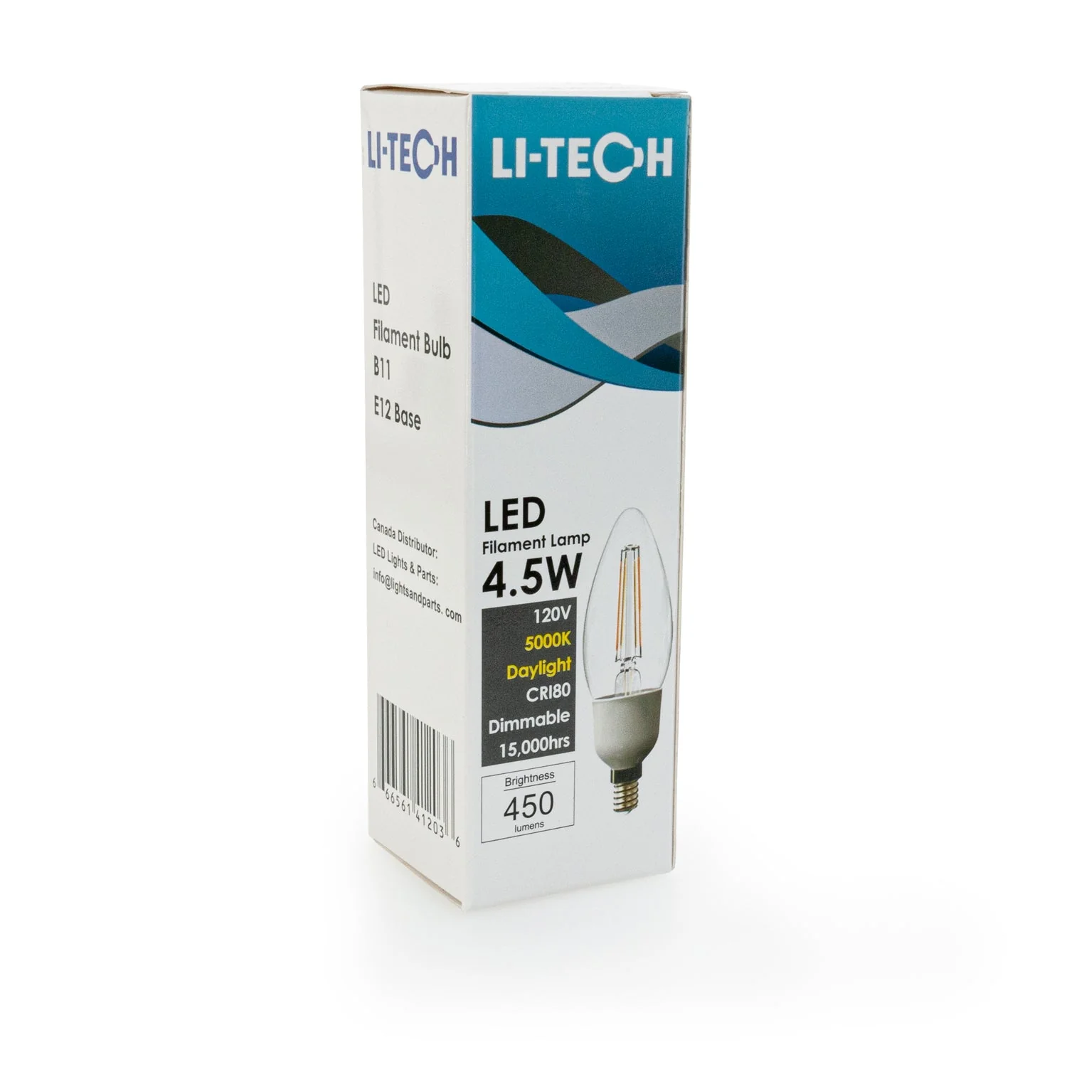 Li-Tech B11 LED Filament Bulb E12 Base, 120V 4.5W 5000K(Daylight)