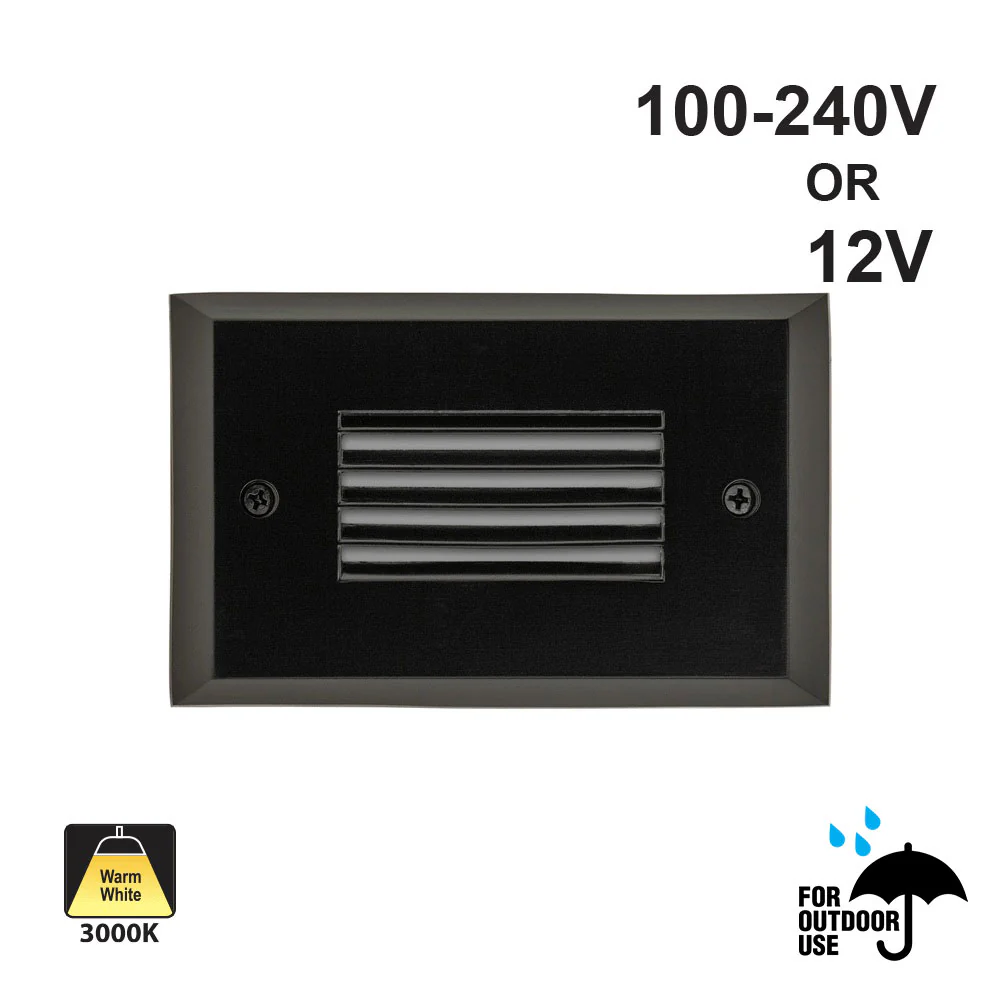 Horizontal RT05HV Single Gang LED Step Light/ Pathway Light, 100-240V or 12V 2W 3000K(Warm White) Black