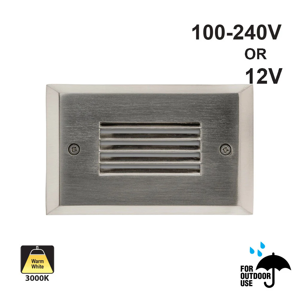 Horizontal RT05HV Single Gang LED Step Light/ Pathway Light, 100-240V or 12V 2W 3000K(Warm White) Brushed Nickel