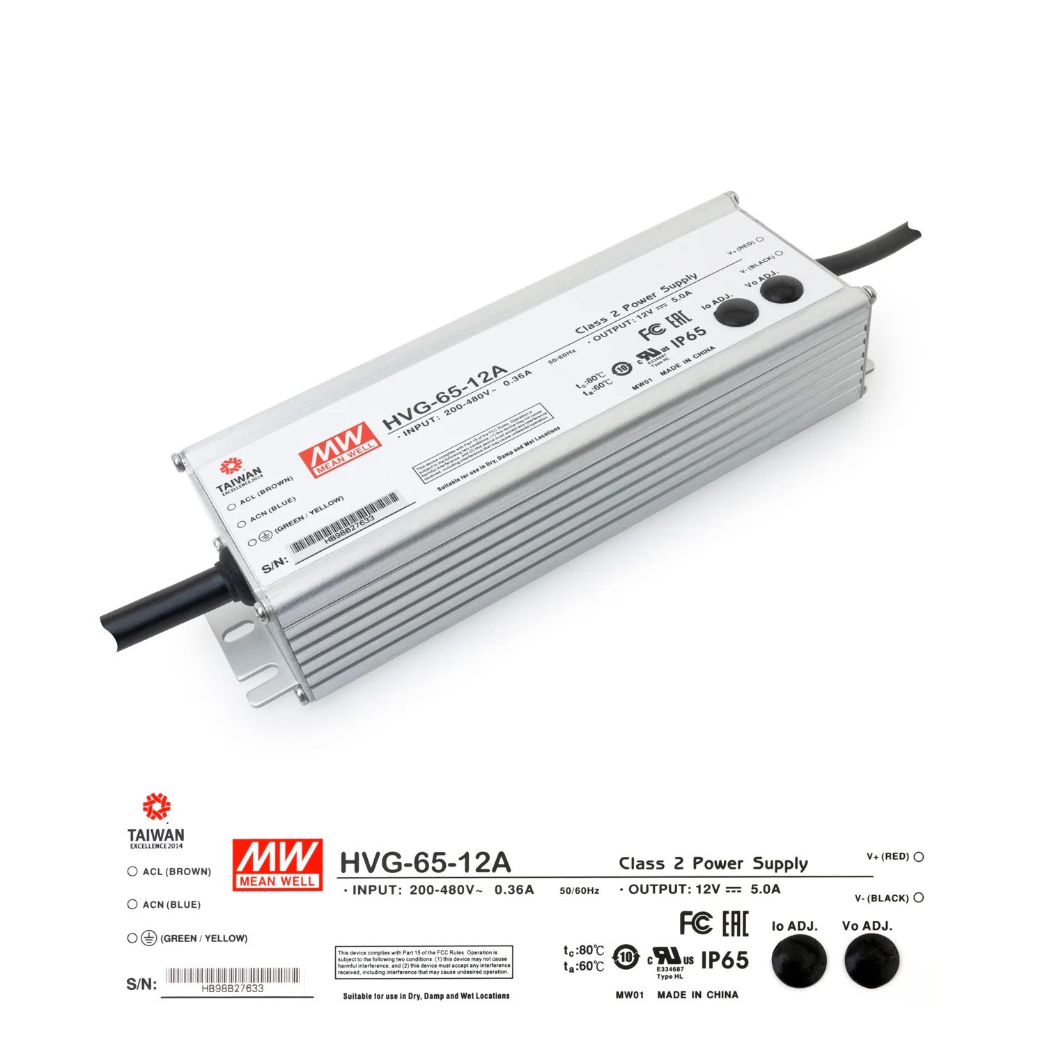 HVG-65-12A Mean Well Non-Dimmable CC+CV Metal Case Power Supply 200-480VAC to 12VDC 5A 65W - Image 3