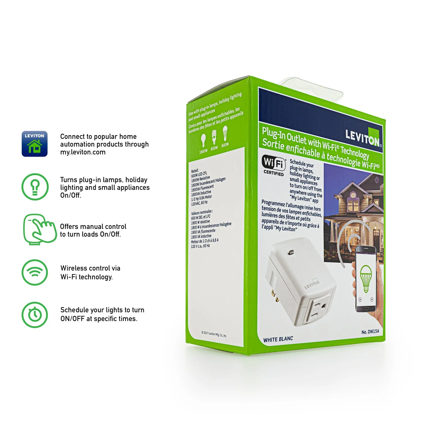 Leviton Decora Smart Plug-in Outlet with Wi-Fi Technology 120V 600W DW15A - Image 3