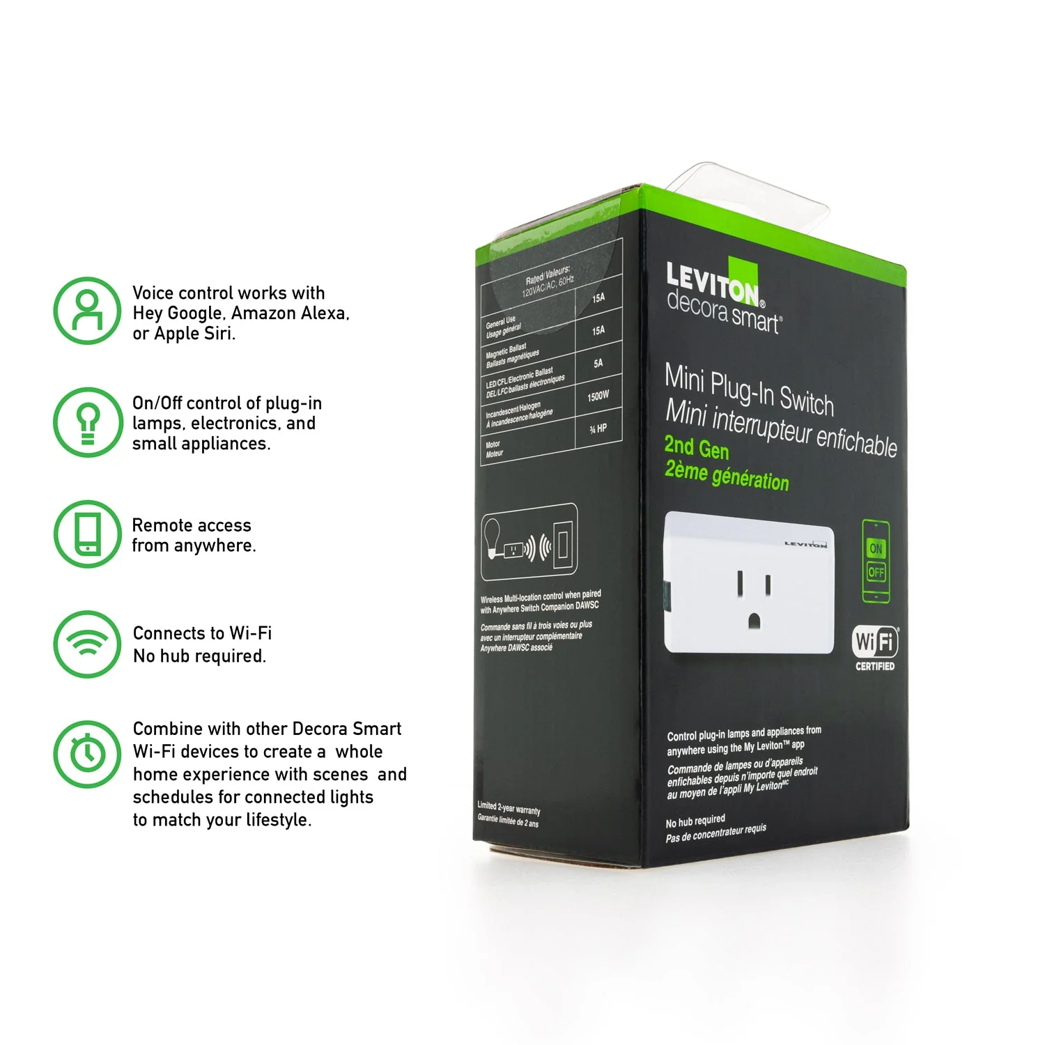 Leviton Decora Smart Wi-Fi Mini Plug-In Switch Dimmer (2nd Gen) 120V 5A D215P - Image 4