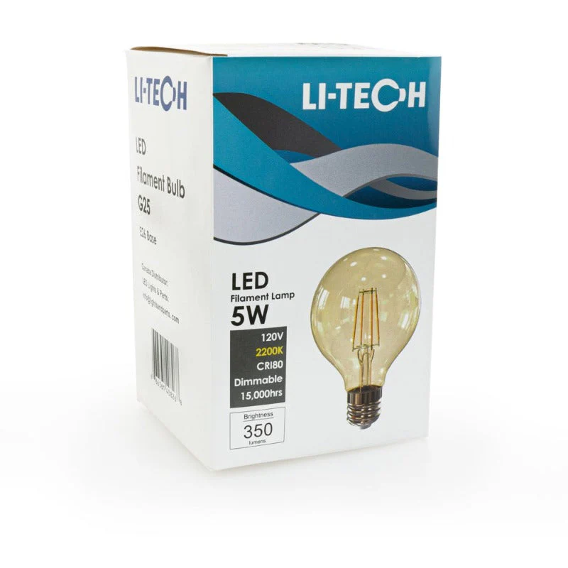 Li-Tech G25 LED Filament Bulb, 120V 5W 2200K(Amber White)