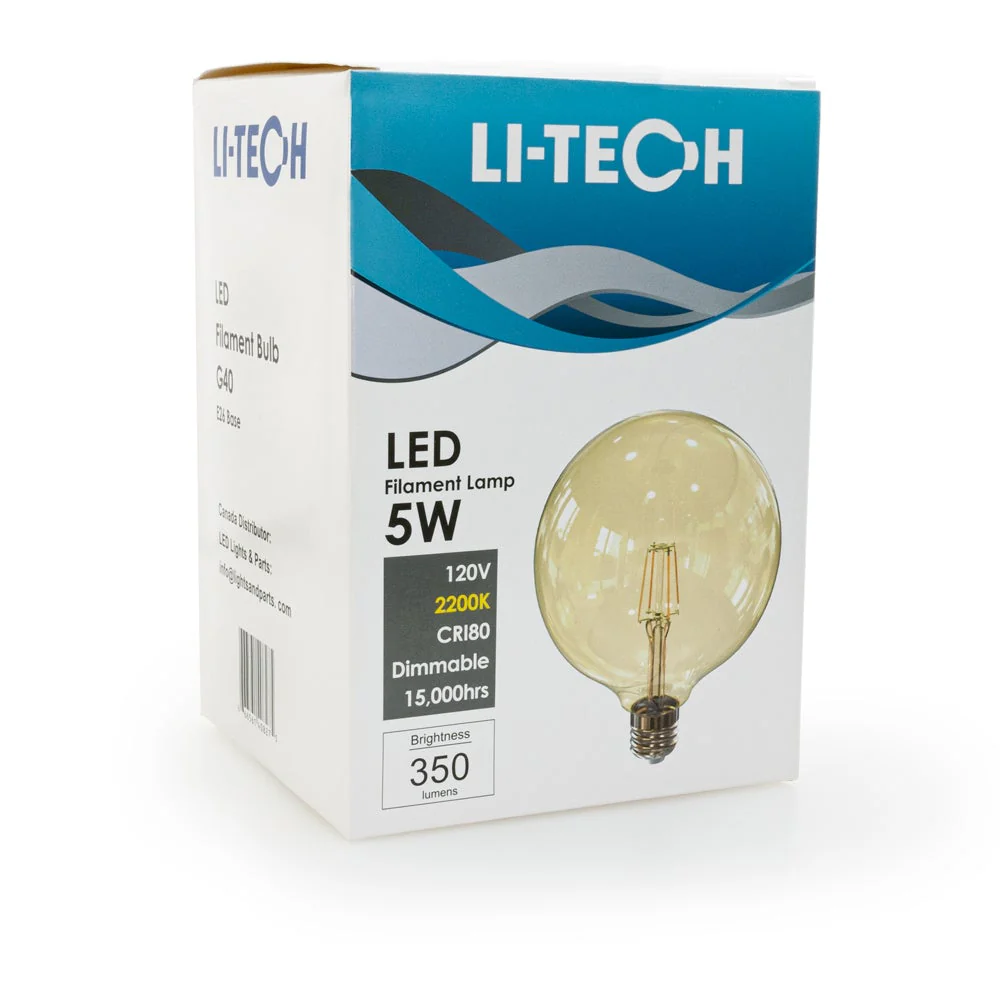 Li-Tech G40 LED Filament Bulb, 120V 5W 2200K(Amber White)