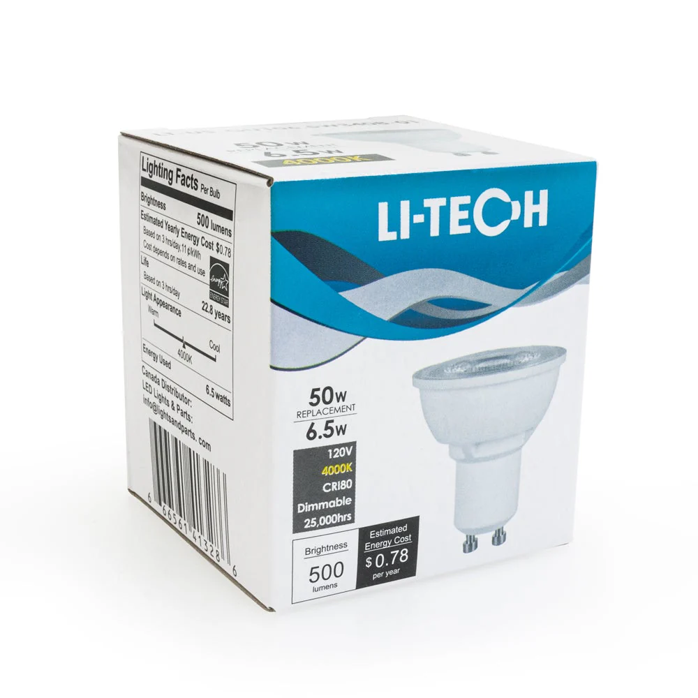 Li-Tech GU10 LED Bulb, 120V 6.5W Equivalent 50W 4000K(Natural White)