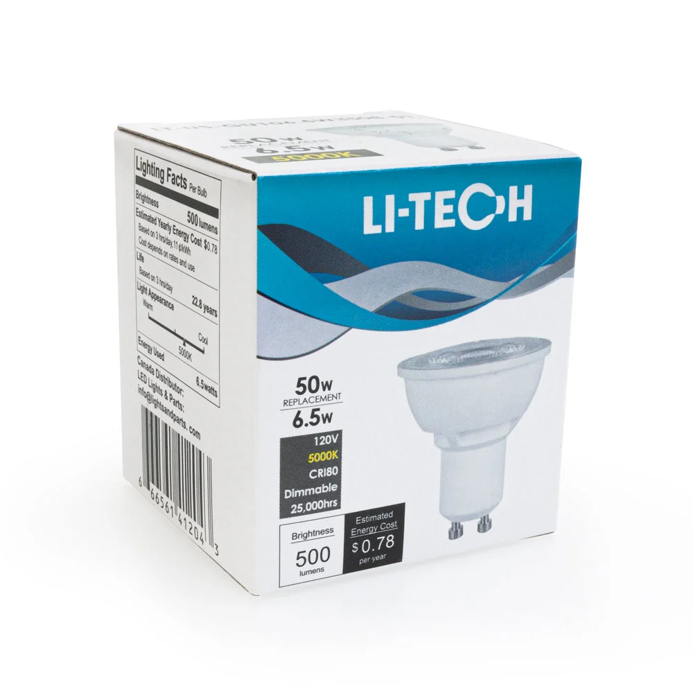 Li-Tech GU10 LED Bulb, 120V 6.5W Equivalent 50W 5000K(Daylight)