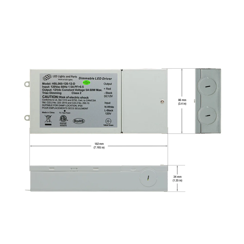 HBL060-120-12-D Metal Case Constant Voltage LED Driver, 12V 5A 60W - Image 2