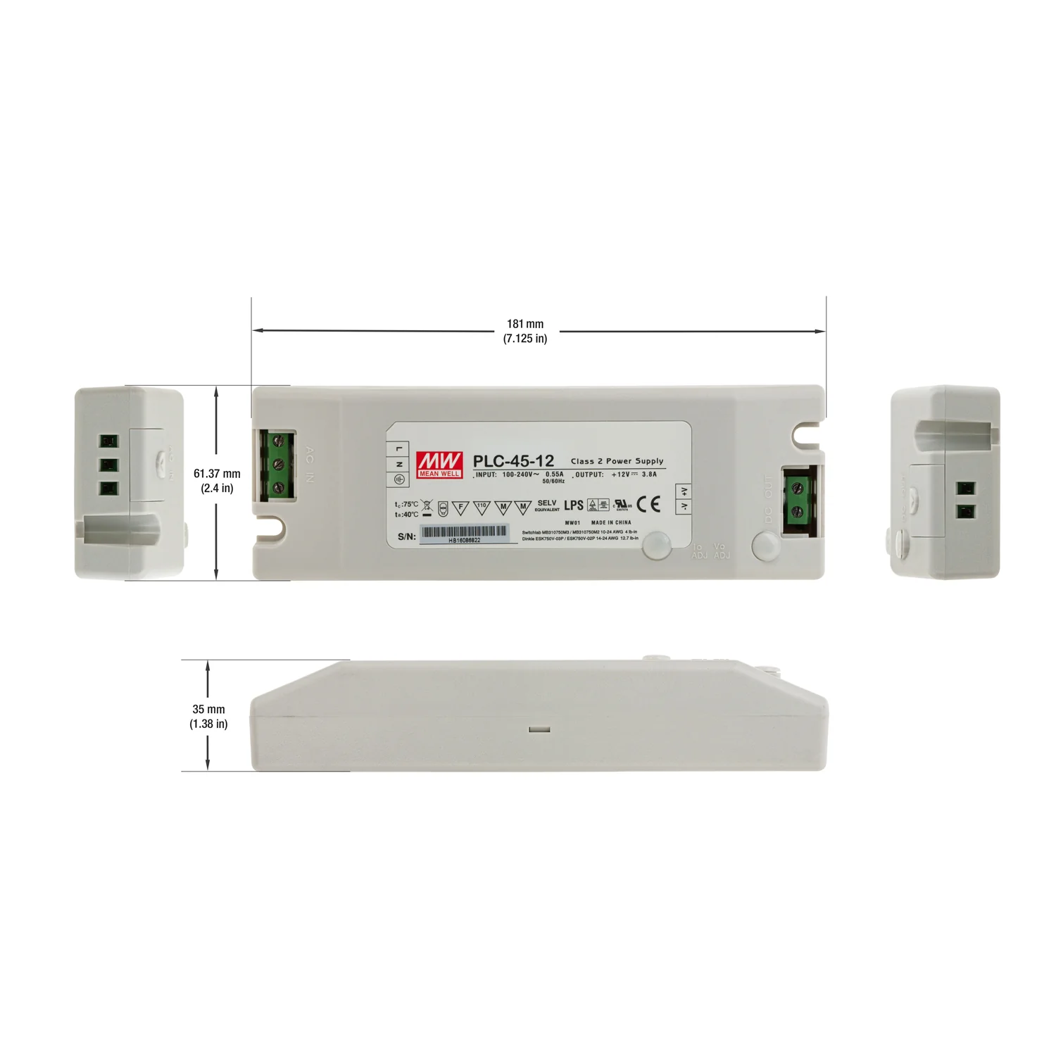 Mean Well PLC-45-12 Non-Dimmable LED Driver, 12V 3.8A 45W - Image 2