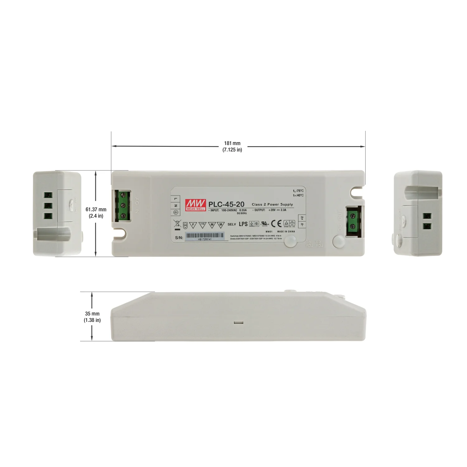Mean Well PLC-45-20 Non-Dimmable LED Driver, 20V 2.3A 45W - Image 2