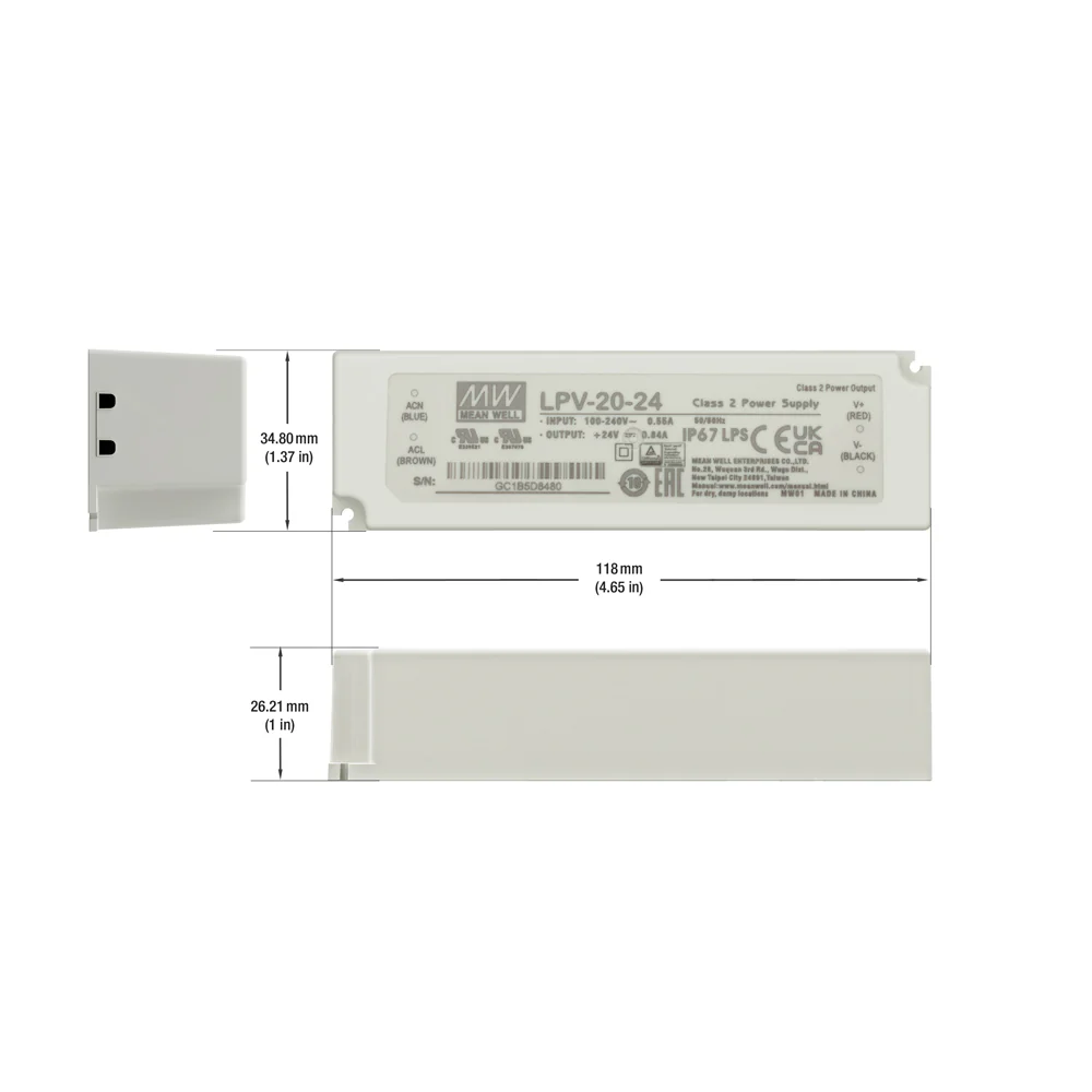 Mean Well LPV-20-24 Non-Dimmable LED Driver, 24V 0.83A 20W - Image 2
