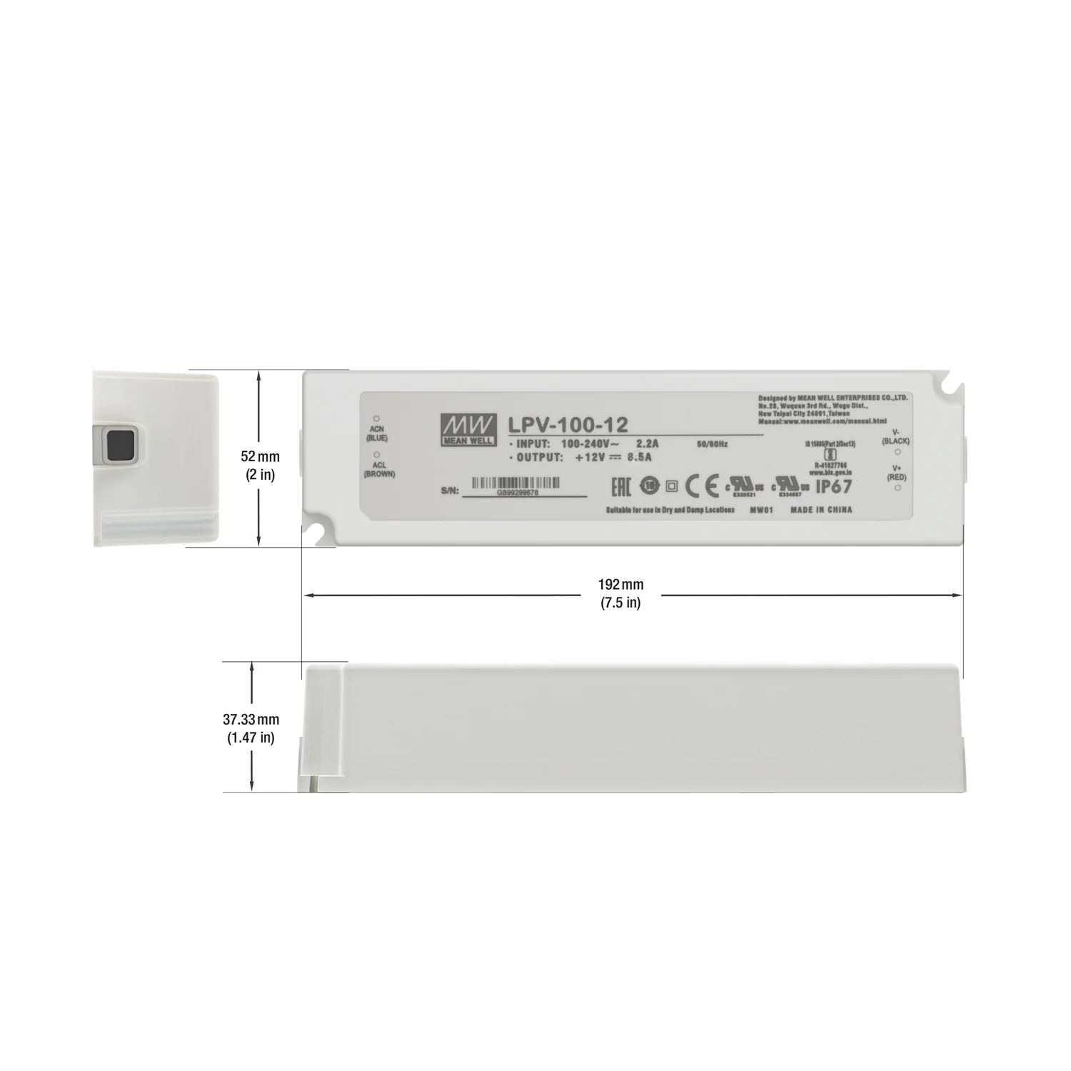 Mean Well LPV-100-12 Non-Dimmable LED Driver, 12V 8.5A 100W - Image 2