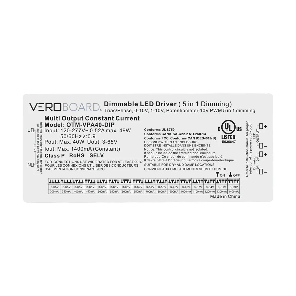 OTM-VPA40-DIP Selectable Constant Current LED Driver (5 in 1 Dimming) 300mA~1400mA 3-65V 40W - Image 3