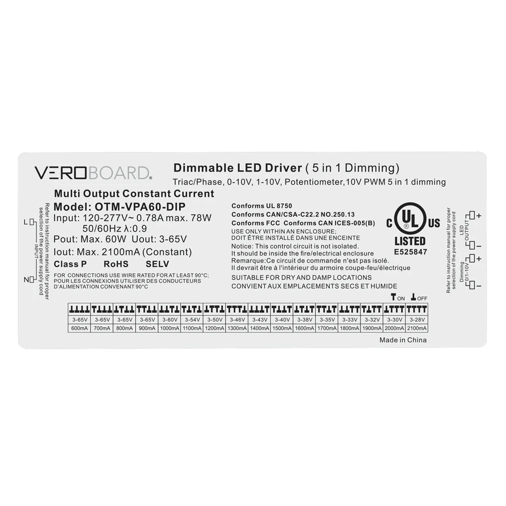 OTM-VPA60-DIP Selectable Constant Current LED Driver (5 in 1 Dimming) 600mA~2100mA 3-65V 60W - Image 3