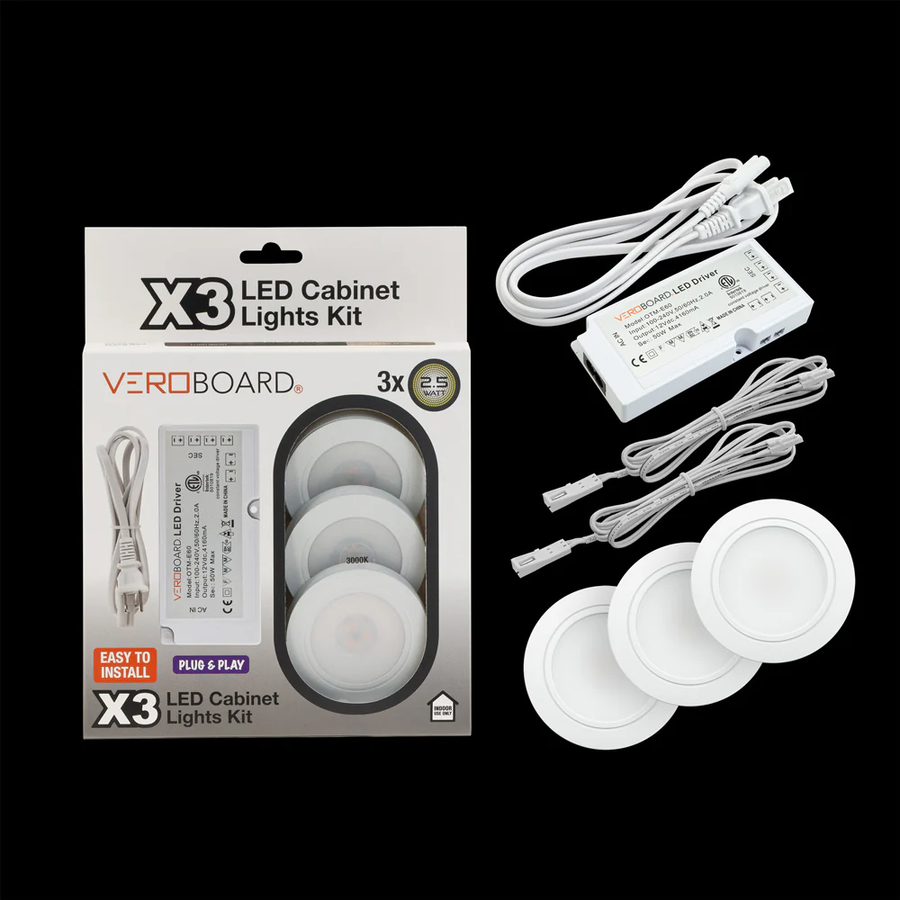 3x Plug-In White Round LED Cabinet Lights Kit, 12V 2.5W 3000K (Pack of 3)