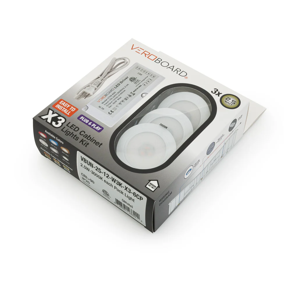 3x Plug-In White Round LED Cabinet Lights Kit, 12V 2.5W 3000K (Pack of 3) - Image 9