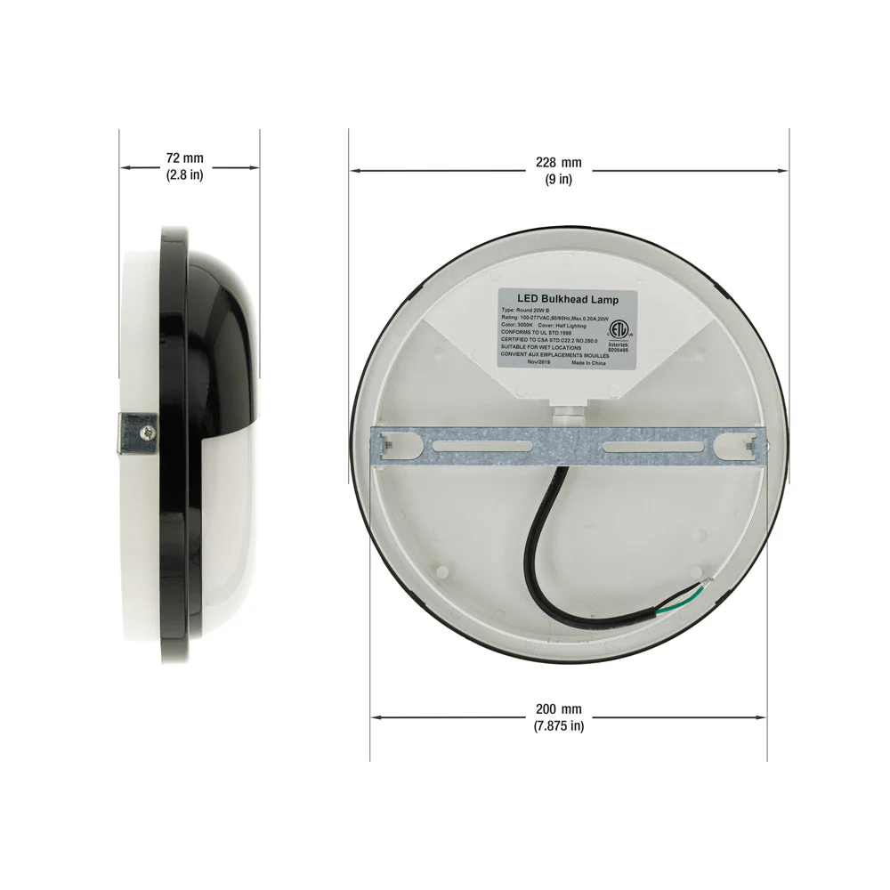 PL-LB-R-20W 8 inch LED Bulk Head Lamp Round 100-277V 20W 3000K(Warm White) White/Black Cover - Image 2