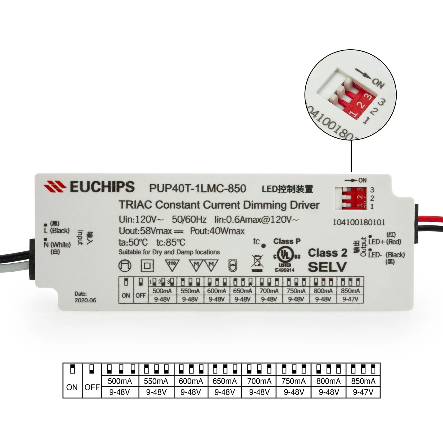 PUP40T-1LMC-850 Constant Current Driver with Selectable Current, 120V 500 to 850MA - Image 3