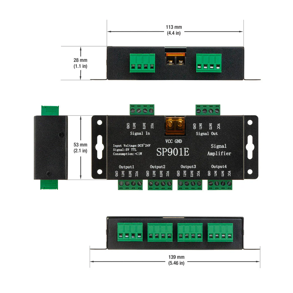 SP901E LED Pixel SPI Signal Amplifier Repeater Addressable LED Strip and Dream Color Programmable LED Matrix Panel, 5V~24V - Image 2