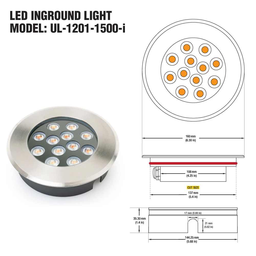 UL-1201-1500-I LED Dia Round Shallow Recessed In Ground Light 24V 15W 3000K(Warm White) - Image 2