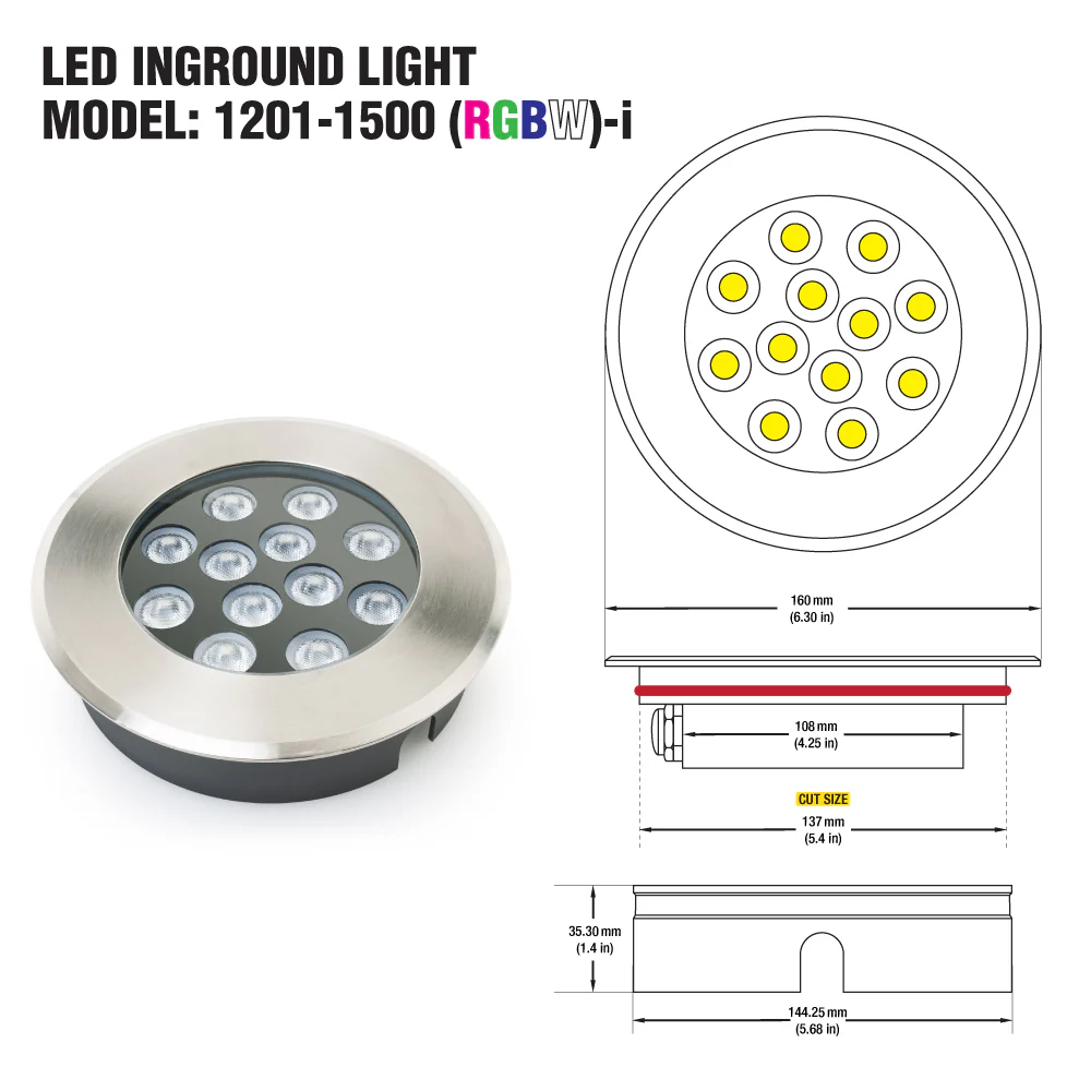 UL-1201-1500(RGBW)-I LED Dia Round Shallow Recessed In Ground Light 24V 15W RGBW - Image 2