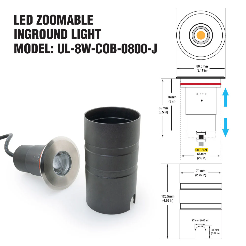 UL-8W-COB-0800-J Dia Round Adjustable Beam Direction Zoomable In-Ground Up light 12-24V 8W 3000K(Warm White) - Image 2
