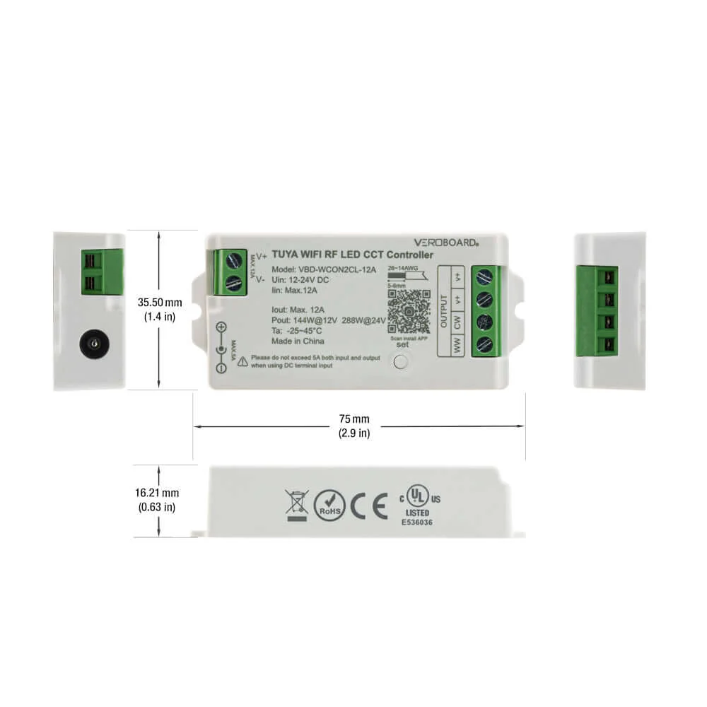 WCON2CL-12A-CCT RF LED Light Dim & CCT Receiver 12-24V DC 2.4G Tuya App - Image 2