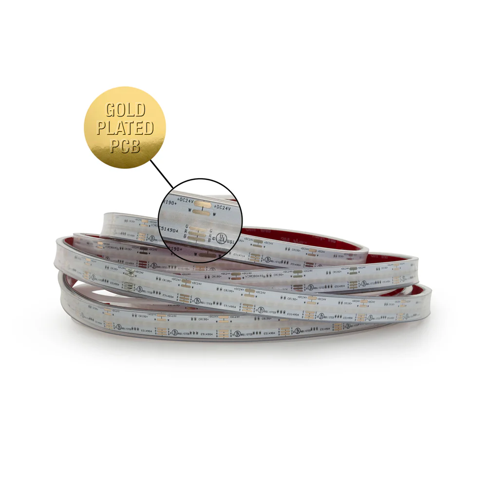 5M(16.4ft) Outdoor LED Strip Light COB, 24V 6.6(w/ft) 896(LEDs/m) RGBW Gold PCB - Image 3