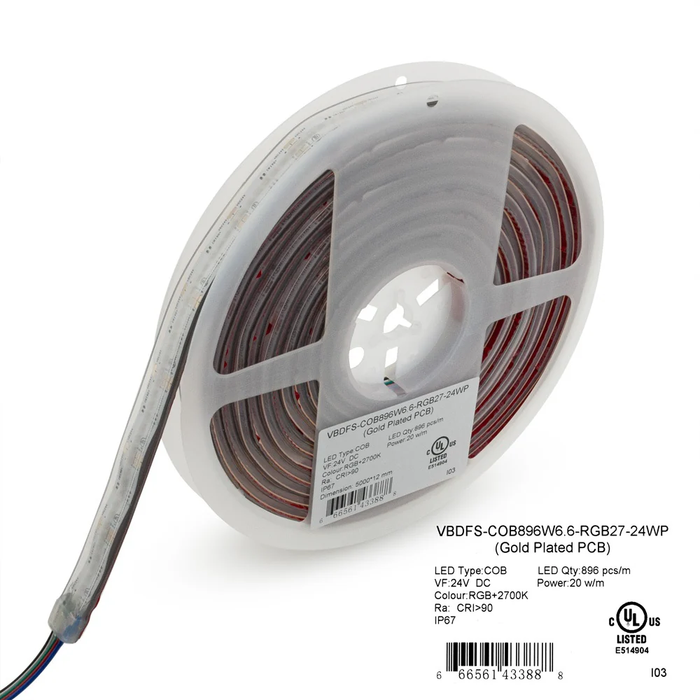 5M(16.4ft) Outdoor LED Strip Light COB, 24V 6.6(w/ft) 896(LEDs/m) RGBW Gold PCB - Image 4